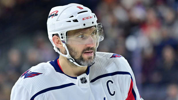 Washington Capitals left wing Alex Ovechkin (8) looks on in the first period against the Arizona Coyotes at Mullett Arena.
